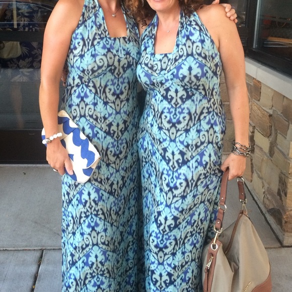 Rare Find! CAbi Blue and Black Abstract Halter Maxi Dress style 850 - Picture 1 of 9